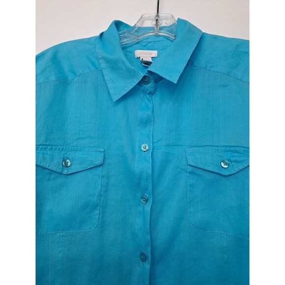 Chico's Shirt Womens 2/L Turquoise Button-Up Roll-Tab Sleeve Tunic Lightweight - Picture 2 of 10